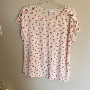 Aqua Cream Ribbed Short Sleeve Tee with Pink Floral Buttons